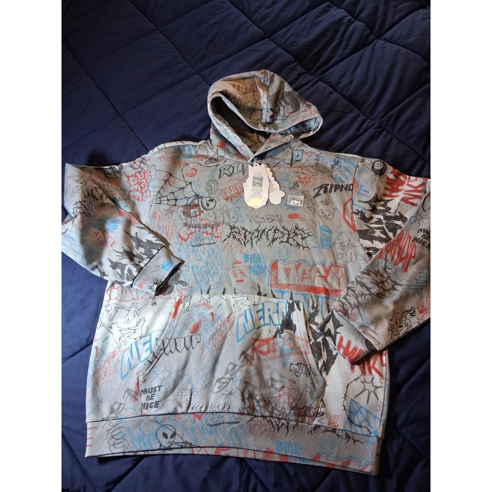 RIPNDIP Mens Graffiti Marker Hoodie Grey Lord Nermal Streetwear Large‎